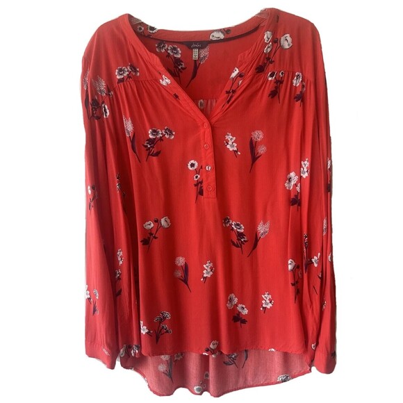 Joules Size US 14 Popover Blouse Rosamund Red Floral Print V-Neck 100% Viscose - Picture 1 of 8